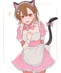  1girl animal_ears apron asymmetrical_bangs b.m.m bow bowtie brown_eyes brown_hair cat_ears cat_tail commentary_request detached_collar dress embarrassed enmaided fake_animal_ears fake_tail hair_ornament hairpin highres looking_at_viewer maid maid_apron medium_hair misaka_mikoto open_mouth pink_bow pink_bowtie pink_dress short_dress simple_background solo tail tail_bow tail_ornament toaru_kagaku_no_railgun toaru_majutsu_no_index 