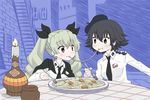  anchovy anzio_school_uniform black_hair braid brother_tomita drill_hair eating food girls_und_panzer green_hair lady_and_the_tramp multiple_girls parody pasta pepperoni_(girls_und_panzer) ribbon school_uniform short_hair twin_drills twintails 