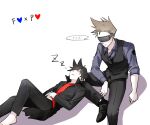  2boys age_difference ahoge animification barefoot black_coat black_hair black_necktie black_pants black_shoes black_vest blue_shirt brown_hair closed_eyes coat collared_shirt commentary_request eddsworld eko_endure future_tom_(eddsworld) hair_ears head-mounted_display korean_commentary lap_pillow long_sleeves looking_at_another male_focus midriff_peek multiple_boys necktie open_mouth pairing_name pants protected_link prototype_design red_shirt shadow shirt shoes short_hair simple_background sleeping speech_bubble spiked_hair time_paradox tom_(eddsworld) tord_(2004)_(eddsworld) tord_(eddsworld) trench_coat vest white_background yaoi zzz 