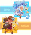  1boy 1girl amaura blue_dress blue_eyes blue_hat boots bow brown_boots carbink character_name chibi chibi_only dark-skinned_female dark_skin dress fangs full_body hat highres holding holding_pokemon hug klang klefki mizumihisui open_mouth orange_eyes original pants pointy_ears pokemon pokemon_(creature) rotom rotom_(normal) scraggy tyrunt witch_hat yellow_bow yellow_pants 