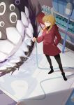  1girl absurdres ahoge akitsugu_akiyama black_boots black_pantyhose blonde_hair boots braid coat commentary_request demon extra_eyes gabriel_(yomi_no_tsugai) gabu_(yomi_no_tsugai) hand_in_pocket highres holding holding_hose hood hood_down hooded_coat hose pantyhose purple_eyes red_coat smile teeth twin_braids washing_another yomi_no_tsugai 
