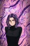  1girl arms_behind_back black_shirt boku_no_hero_academia breasts bright_pupils closed_mouth commentary english_commentary highres lady_nagant large_breasts looking_at_viewer multicolored_hair pink_background pink_hair punchingwater purple_eyes purple_hair scar scar_on_face shirt short_hair solo turtleneck turtleneck_shirt two-tone_hair vignetting 
