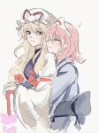 2girls blonde_hair blue_kimono bow closed_eyes closed_mouth closed_umbrella commentary_request dress hair_bow hat heart holding holding_umbrella hug hug_from_behind japanese_clothes kimono long_sleeves mob_cap multiple_girls onigiri_222x714 pink_hair purple_eyes purple_tabard red_bow saigyouji_yuyuko smile tabard touhou triangular_headpiece umbrella white_dress wide_sleeves yakumo_yukari yuri 