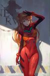  arm_up bad_id bad_pixiv_id bangs blue_eyes bodysuit bracer breasts breasts_apart cowboy_shot diagonal_stripes diana_wangfei english evangelion:_3.0_you_can_(not)_redo gloves headgear hips impossible_bodysuit impossible_clothes legs_together logo long_hair looking_at_viewer medium_breasts neon_genesis_evangelion nerv number orange_hair parted_lips pilot_suit plugsuit rebuild_of_evangelion salute shade shikinami_asuka_langley skin_tight slender_waist smile solo souryuu_asuka_langley standing striped tape thigh_gap two_side_up very_long_hair 