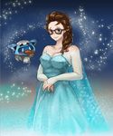  alternate_hairstyle bare_shoulders beads black-framed_eyewear blue_dress blue_eyes blush braid breasts bridal_gauntlets cape carrot cleavage cosplay dress elsa_(frozen) elsa_(frozen)_(cosplay) frozen_(disney) glasses gloria126 hair_ornament hair_stick large_breasts long_hair mei_(overwatch) off-shoulder_dress off_shoulder overwatch robot single_braid snow snowball_(overwatch) solo sweatdrop 