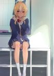  1girl between_legs blazer blonde_hair blue_bow blue_jacket blush bow cardigan closed_mouth collared_shirt commentary_request dark-skinned_female dark_skin finger_to_cheek hair_between_eyes hair_bow hair_ornament hair_ribbon hand_between_own_legs highres hololive indoors jacket long_hair long_sleeves looking_at_another looking_at_viewer marker multicolored_hair on_shelf plaid_clothes plaid_skirt red_eyes ribbon school_uniform shiranui_flare shirt shoes sidelocks sitting skirt smile socks solo streaked_hair twintails uwabaki virtual_youtuber white_hair white_shirt white_socks whiteboard yami_ara 