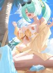  1girl absurdres aqua_hair bare_shoulders bikini blue_archive blush breasts cleavage closed_eyes commentary eyewear_on_head failure floral_print floral_print_bikini flower hair_flower hair_ornament hair_over_one_eye herakuchi highres hiyori_(blue_archive) hiyori_(swimsuit)_(blue_archive) holding holding_stick large_breasts long_hair navel official_alternate_costume official_alternate_hairstyle open_clothes open_mouth open_shirt ponytail print_bikini shirt sitting solo stick stomach sunglasses swimsuit tears wariza white_bikini white_flower yellow_shirt 
