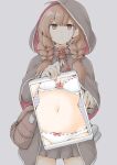  1girl akara_kai bag bow bow_bra bow_panties bra bra_peek braid brown_bag brown_eyes brown_hair cape commentary grey_background grey_skirt highres hood hooded_cape kantai_collection long_hair looking_at_viewer navel panties panty_peek shinshuu_maru_(kancolle) shoulder_bag simple_background skirt solo standing twin_braids underwear white_bra white_panties x-ray_vision 