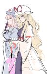  2girls blonde_hair blue_kimono closed_mouth closed_umbrella commentary_request dress expressionless fan_to_mouth folded_fan folding_fan frills from_side hair_ribbon hand_fan hat highres holding holding_fan holding_umbrella japanese_clothes kimono long_hair long_sleeves looking_at_viewer looking_to_the_side medium_hair mob_cap multiple_girls onigiri_222x714 pink_eyes pink_hair purple_eyes purple_tabard ribbon saigyouji_yuyuko sketch tabard touhou triangular_headpiece umbrella very_long_hair white_background white_dress yakumo_yukari 