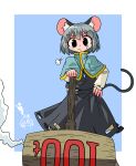  >_< 2girls absurdres animal_ear_fluff animal_ears black_eyes black_skirt black_vest blue_capelet capelet character_request closed_mouth commentary_request crying grey_hair hand_on_own_hip highres holding holding_mallet jewelry kasuya_baian long_sleeves looking_at_viewer mallet mouse_ears mouse_girl mouse_tail multiple_girls nazrin necklace pendant puff_of_air short_hair skirt skirt_cutout solo solo_focus sweatdrop tail touhou vest 