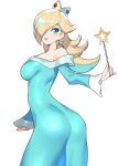  ass bare_shoulders blonde_hair blue_dress blue_eyes breasts commentary_request crown dress earrings eyelashes holding holding_wand jewelry large_breasts long_hair long_sleeves looking_at_viewer looking_back mario_(series) off-shoulder_dress off_shoulder parted_lips rosalina star_(symbol) star_earrings ukimukai wand white_background 