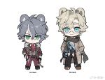  2boys ahoge animal_ears antosha_(arknights) aqua_eyes arknights banque_(edrukine) bear_boy bear_ears black_pants black_scarf blonde_hair blue_shirt book brown_jacket chibi chibi_only chinese_commentary closed_mouth commentary_request expressionless flipped_bangs full_body glasses green_eyes grey_hair hair_between_eyes hand_in_pocket hand_on_own_hip jacket looking_at_viewer matvei_(arknights) mole mole_under_eye multiple_boys neckerchief official_artist_extra pants purple_pants red_neckerchief scarf semi-rimless_eyewear shirt short_hair single_hair_intake smile straight-on vest weibo_username white_background 