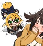  2girls absurdres andii_(anzai_teachco) animal_ear_fluff animal_ears black-framed_eyewear blush bow brown_hair brown_shirt closed_eyes colored_inner_hair commentary_request droopy_ears glasses green_eyes hairband highres jacket ju_fufu long_hair looking_at_another motion_lines multicolored_hair multiple_girls open_mouth shirt simple_background striped_fur striped_hair tail tail_bow tail_ornament tiger_ears tiger_girl tiger_stripes tiger_tail white_background white_hairband ye_shunguang yellow_jacket zenless_zone_zero 