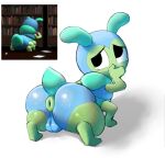  antennae_(anatomy) anthro anus arthropod balls blushcrunch_studio bodily_fluids bookworm caterpillar dandy's_world dewlap_(anatomy) genitals hi_res insect larva male punishedtooner roblox simple_background solo squirm_(dandy's_world) sweat tail taur toon_(dandy's_world) 