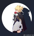  1girl ascot black_border black_cape black_dress black_mask blonde_hair border cape chinese_commentary clenched_hand closed_mouth collared_cape commentary_request cosplay cowboy_shot daiba_nana dress drop_shadow erik_(phantom_of_the_opera) erik_(phantom_of_the_opera)_(cosplay) expressionless eye_mask flower from_side gloves green_eyes hair_ornament half_eye_mask holding holding_flower looking_ahead mask mask_over_one_eye mystical_high_collar phantom_of_the_opera profile red_flower red_rose rose round_border short_dress short_hair short_twintails shoujo_kageki_revue_starlight shoujo_kageki_revue_starlight_-re_live- solo twintails two-tone_dress watermark weibo_watermark white_ascot white_background white_dress white_gloves yellow_trim yunduan_yang_mao_shige_you_chu 