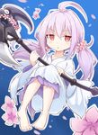  barefoot demon_girl duel_monster ghost_reaper_&amp;_winter_cherries highres holding holding_weapon japanese_clothes kimono long_hair looking_at_viewer red_eyes sash scythe senhappyaku solo torn_clothes twintails weapon yuu-gi-ou 