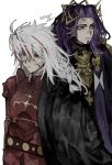  1boy 2boys alter_servant armor braid brothers cape commentary_request crown facial_hair fate/grand_order fate/strange_fake fate_(series) goatee green_eyes highres john_lackland_(fate) long_hair male_focus multicolored_hair multiple_boys piecesofcake purple_hair red_eyes red_streaks richard_i_(fate) siblings simple_background single_braid solo streaked_hair upper_body white_background white_hair 