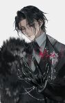  1boy black_gloves black_hair black_ribbon collared_shirt commentary_request gloves grey_background highres light_smile monochrome path_to_nowhere red_eyes ribbon rust_(path_to_nowhere) shirt simple_background solo upper_body white_shirt zike_maru 