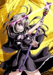  1girl antenna_hair black_bow black_capelet black_dress bow capelet commentary_request dress glowing grey_hair hair_intakes henshin henshin_pose highres holding holding_rod jewelry long_hair meitantei_precure! moria_luluka precure purple_eyes rod solo tear_arcana_rod wakabayashi_makoto 