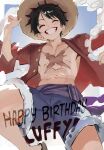  1boy absurdres birthday black_hair blue_shorts character_name closed_eyes cross_scar english_commentary feet_out_of_frame fur-trimmed_shorts fur_trim grin happy_birthday hat highres kylesminecraft male_focus monkey_d._luffy one_piece open_clothes open_shirt purple_sash red_shirt sash scar scar_on_cheek scar_on_chest scar_on_face shirt short_hair shorts smile solo straw_hat toned toned_male 