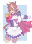  1girl absurdres animal_ears ascot asymmetrical_gloves black_gloves blue_eyes blush brown_hair buttons cape commentary_request double-breasted epaulettes gloves hair_between_eyes highres horse_ears horse_girl jacket long_hair long_sleeves looking_at_viewer mismatched_gloves multicolored_hair multicolored_jacket open_mouth pink_ascot ponytail qian-li-xin-hen red_cape single_epaulette single_hair_streak skirt smile solo streaked_hair stretching teeth tokai_teio_(peak_joy)_(umamusume) tokai_teio_(umamusume) two-tone_hair two-tone_jacket two-tone_skirt umamusume upper_teeth_only white_gloves white_hair white_jacket white_skirt white_streaks 