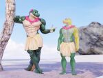  abs anthro beach big_penis bottomwear clothing connivingrat crocodile crocodilian duo exterior feet flower genitals glitch_productions grass_skirt gummigoo_(tadc) helm_(connivingrat) hi_res lei male male/male muscular muscular_male nipples obliques pecs penis plant reptile scalie sea serratus skirt spikes spikes_(anatomy) tail the_amazing_digital_circus triceps water 