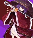  1girl bowl bowl_hat commentary_request feet_out_of_frame hat holding holding_mallet holding_needle japanese_clothes kimono long_sleeves looking_at_viewer mallet medium_hair miracle_mallet needle needle_sword open_mouth purple_background purple_hair red_eyes red_kimono smile solo stunionjy sukuna_shinmyoumaru touhou wide_sleeves 