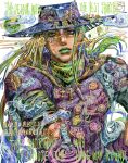  1boy air_bubble beard black_mask blue_hat blue_hoodie blue_pants blue_sleeves bobobio00 bubble camp character_name cloud commentary commentary_request cowboy_hat english_text facial_hair facial_mark flower golden_spiral green_eyes green_hair green_lips green_sleeves gyro_zeppeli hat highres hood hood_down hoodie horse jewelry johnny_joestar jojo_no_kimyou_na_bouken long_hair makeup male_focus mask pants pink_flower purple_shirt purple_sleeves shirt short_sleeves solo stand_(jojo) star_(symbol) star_print steel_ball_(jojo) steel_ball_run stuffed_animal stuffed_toy teddy_bear translation_request tusk_(stand) tusk_act1 two-tone_sleeves valkyrie_(jojo) 