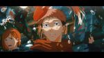  1girl 3boys arashi_(boom_sate225) black_hair brown_hair bubble commentary_request crossover fish fushiguro_megumi goldfish high_collar itadori_yuji jujutsu_kaisen kagurabachi kugisaki_nobara medium_hair multiple_boys outdoors parody pink_hair red_hood road_sign rokuhira_chihiro short_hair sign style_parody water 