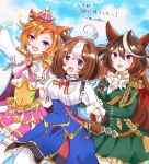  3girls @_@ ahoge aiguillette animal_ears armor ascot bag between_breasts blue_skirt blue_vest blush breasts brown_hair buttons cape commentary_request crown double-breasted double-parted_bangs ear_ribbon epaulettes gloves gold_corset green_jacket green_skirt hair_between_eyes hairband headband horse_ears horse_girl horse_tail jacket jewelry large_breasts long_hair long_sleeves medal medium_breasts meisho_doto_(turbulent_blue)_(umamusume) meisho_doto_(umamusume) mini_crown mokuroo multicolored_hair multiple_girls open_mouth orange_hair pantyhose pink_cape pink_crown pink_hairband pink_headband purple_eyes red_cape shirt short_hair shoulder_armor shoulder_bag side_cape single_epaulette skirt smile strap_between_breasts streaked_hair symboli_rudolf_(emperor's_path)_(umamusume) symboli_rudolf_(umamusume) t.m._opera_o_(o_sole_suo!)_(umamusume) t.m._opera_o_(umamusume) tail thighhighs two-tone_hair two-tone_skirt umamusume vest white_ascot white_gloves white_hair white_pantyhose white_shirt white_thighhighs 