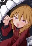  1girl absurdres ahoge barurun_pen blonde_hair braid coat commentary demon extra_eyes gabriel_(yomi_no_tsugai) gabu_(yomi_no_tsugai) highres hood hood_down hooded_coat long_sleeves looking_at_viewer open_mouth purple_eyes red_coat smile twin_braids yomi_no_tsugai 