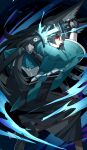  1girl absurdres animal_ear_fluff animal_ears aqua_jacket black_gloves black_hair black_skirt chawarabi closed_mouth commentary_request fingerless_gloves fox_ears fox_girl gauntlets gloves highres holding holding_sword holding_weapon hoshimi_miyabi jacket katana long_hair looking_at_viewer red_eyes sheath shirt sidelocks single_fingerless_glove single_gauntlet skirt solo sword unsheathing weapon white_shirt zenless_zone_zero 