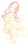  1girl :d arms_behind_back bare_legs bare_shoulders blunt_ends blush brown_eyes brown_hair clothes_around_waist commentary_request dynamic_pose flipped_hair forehead frilled_skirt frills gakuen_idolmaster hair_tie_on_wrist head_tilt highres idolmaster jacket jacket_around_waist kanoko_y kuramoto_china limited_palette looking_back michinaru_hirogaru_(idolmaster) miniskirt official_alternate_costume outstretched_arms outstretched_hand oversized_sweater pale_color parted_bangs pastel_colors pleated_skirt puffy_sleeves raised_eyebrows ribbed_sweater simple_background skirt sleeve_cuffs smile solo striped_clothes striped_skirt sweater sweater_tucked_in thick_eyebrows vertical-striped_clothes vertical-striped_skirt white_background wind 