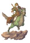  1010kman 1boy 1girl chocobo commentary_request creature fantasy highres holding holding_reins hood hood_up monster_hunter_(series) reins riding saddle solo 