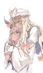  2girls blonde_hair bow closed_eyes closed_mouth commentary_request dress gap_(touhou) hair_bow hat hat_ribbon highres hug hug_from_behind long_hair long_sleeves mob_cap multiple_girls onigiri_222x714 pink_eyes pink_hair purple_tabard red_bow red_ribbon ribbon saigyouji_yuyuko smile tabard touhou upper_body white_dress white_hat wide_sleeves yakumo_yukari yuri 