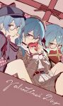  3girls belt belt_buckle black_belt black_choker blue_eyes blue_hair blush box box_of_chocolates buckle choker crown dress english_text hair_between_eyes hand_on_own_face hat heart highres hololive hoshimachi_suisei kurony_(sirony) long_hair looking_at_viewer mini_crown mini_hat multiple_girls peaked_cap pleated_skirt red-framed_eyewear red_ribbon ribbon semi-rimless_eyewear sitting skirt star_(symbol) star_in_eye symbol_in_eye valentine virtual_youtuber yellow_ribbon 