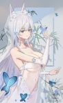  1girl absurdres animal_ear_fluff animal_ears azur_lane blue_butterfly blue_eyes breasts bridal_veil bug butterfly cleavage commentary_request dress fox_ears fox_girl highres huge_breasts kitsune large_breasts long_hair ruan_dao shinano_(azur_lane) solo veil very_long_hair wedding_dress white_dress white_hair 