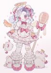  1girl animal_ears apron bandaid bandaid_on_knee bandaid_on_leg bear_ears bloomers blush bow chromatic_aberration colored_eyelashes commentary commission creature detached_wings dress film_grain full_body fur_wrist_cuffs hair_bow hair_ornament hairclip halo hand_up highres holding holding_staff medium_hair necktie open_mouth original purple_hair red_bow red_necktie sharp_teeth sidelocks simple_background smile socks solo staff teeth thigh_strap two_side_up upache white_apron white_background white_bloomers white_bow white_dress white_socks wings wrist_cuffs x_hair_ornament 