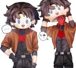  1boy batman_(series) batman_symbol belt black_bodysuit black_gloves bodysuit brown_jacket commentary_request dc_comics gloves grey_bodysuit highres jacket jason_todd luhdooo male_focus mask multicolored_bodysuit muscular muscular_male open_clothes pants red_hood_(dc) red_hood_and_the_outlaws red_mask superhero_costume taut_bodysuit two-tone_bodysuit utility_belt western_comics_(style) 