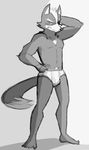  anthro athletic barefoot briefs bulge canine clothed clothing dipstick_tail eye_patch eyewear greyscale hand_in_hip looking_away male mammal monochrome multicolored_tail nintendo pecs rubbing_head sketch solo star_fox thegreatmatsutzu topless underwear video_games wolf wolf_o&#039;donnell 