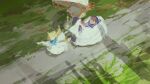  2girls aged_down animal_ears blonde_hair child commentary_request dragging dress fox_ears fox_girl fox_tail full_body grass hat highres holding holding_hands holding_umbrella long_hair looking_at_viewer mob_cap multiple_girls niy_(nenenoa) open_mouth outdoors pointing pointing_forward purple_tabard running short_hair smile tabard tail touhou umbrella white_dress white_hat wide_shot yakumo_ran yakumo_yukari 