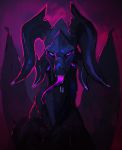  2019 absurd_res ambiguous_gender black_horn black_scales bust_portrait djpuppeh dragon feral front_view hi_res horn long_tongue looking_at_viewer membranous_wings portrait purple_background purple_eyes purple_tongue restricted_palette scales scalie simple_background solo tongue tongue_out traditional_media_(artwork) wings 