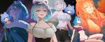  1girl absurdres animal_ears bear_ears bikini black_shorts blonde_hair breasts choker cleavage closed_mouth commentary fishnet_pantyhose fishnets hair_between_eyes heart heart-shaped_eyewear highres indie_virtual_youtuber kuroi_enpitsu large_breasts long_hair looking_at_viewer midriff multiple_views niamocha off-shoulder_shirt off_shoulder open_mouth pantyhose red_bikini shirt short_hair shorts smile star_(sky) strapless swimsuit tube_top virtual_youtuber white_tube_top 