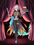  1girl alpaca_connect bat_(animal) black_coat black_necktie black_pants black_shoes black_suit blue_flower blue_rose brooch butler cake cake_stand center_frills closed_mouth coat commentary_request contrast_collar contrast_lapels cross cross_earrings curtains earrings expressionless female_butler fiery_clothing flower food food_art frilled_sleeves frills full_body gem glint gloves gradient_clothes gradient_coat grey_hair hair_between_eyes halloween_costume highres holding holding_knife holding_tray jewelry knife lapels long_sleeves looking_at_viewer multicolored_shoes necktie o-ring o-ring_thigh_strap orange_coat pant_suit pants patterned_clothing peaked_lapels pink_flower ponytail purple_coat purple_eyes red_gem rose scar scar_across_eye scar_on_face se00tu shirt shoes short_ponytail silver_trim single_earring sleeve_cuffs solo spider_web_print spiked_hair_ornament stage_curtains standing suit tailcoat thigh_strap towel towel_on_arm tray two-sided_coat two-sided_fabric two-tone_shoes ursula_ellmenreich vest wallet_chain wavy_sidelocks wedding_cake_knife white_flower white_gloves white_shirt white_shoes white_vest wing_brooch 