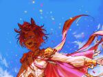  1girl animal_ears blue_eyes blush cape commentary crown ear_piercing epaulettes highres horse_ears horse_girl jacket mini_crown open_mouth orange_hair piercing pink_cape short_hair solo sweat t.m._opera_o_(o_sole_suo!)_(umamusume) t.m._opera_o_(umamusume) three_ree12 umamusume untranslatable_commentary white_jacket 