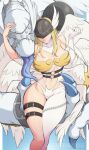  1girl absurdres angel angel_wings angewomon bare_shoulders blonde_hair bodysuit boobplate breasts cleavage clothing_cutout covered_eyes cowboy_shot digimon digimon_(creature) gargomon head_wings helmet helmet_over_eyes highres kristallion large_breasts long_hair multiple_wings navel paid_reward_available single_leg_bodysuit stomach_cutout strapless_bodysuit tongue tongue_out twitter_username white_bodysuit white_wings wings 