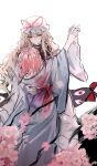  2girls blonde_hair blood blood_on_clothes blue_kimono cherry_blossoms closed_mouth commentary_request dress gap_(touhou) hair_ribbon hand_on_another's_back hat highres holding_hands interlocked_fingers japanese_clothes kimono long_hair long_sleeves looking_at_viewer medium_hair missing_headwear mob_cap multiple_girls onigiri_222x714 petals pink_hair pink_petals purple_eyes purple_tabard red_eyes ribbon saigyouji_yuyuko saigyouji_yuyuko_(living) smile tabard touhou white_background white_dress yakumo_yukari 