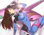  arm_support bangs blurry bodysuit breasts brown_eyes brown_hair d.va_(overwatch) depth_of_field facial_mark gloves gun handgun headphones leaning_back long_hair looking_at_viewer mecha medium_breasts overwatch pilot_suit pinky_out pistol purplevortex skin_tight smile solo swept_bangs trigger_discipline weapon whisker_markings white_background white_gloves 