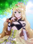  1girl bare_shoulders black_bra blonde_hair bow bra breasts butterfly_hair_ornament celine_(fire_emblem) cleavage closed_mouth cloud cloudy_sky commentary_request corrupted_twitter_file crown detached_sleeves dress dress_bow fire_emblem fire_emblem_engage flower green_bow green_eyes hair_flower hair_ornament highres kurogane_75 leaf long_hair long_sleeves looking_at_viewer orange_bow sky small_breasts smile solo twitter_username underwear very_long_hair wrist_bow yellow_dress 