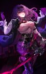  1girl absurdres arm_belt black_jacket black_shorts boots breasts chest_harness collared_shirt commentary eyewear_on_head gloves hair_between_eyes harness high-waist_shorts highres holding holding_sword holding_weapon honkai:_star_rail honkai_(series) jacket kafka_(honkai:_star_rail) large_breasts long_hair long_sleeves looking_at_viewer pantyhose pantyhose_under_shorts parted_lips pince-nez purple-tinted_eyewear purple_eyes purple_gloves purple_hair purple_pantyhose round_eyewear shirt shorts single_thigh_boot smile solo spider_web_print sunglasses sword thigh_boots tinted_eyewear weapon white_shirt yuki_flourish 